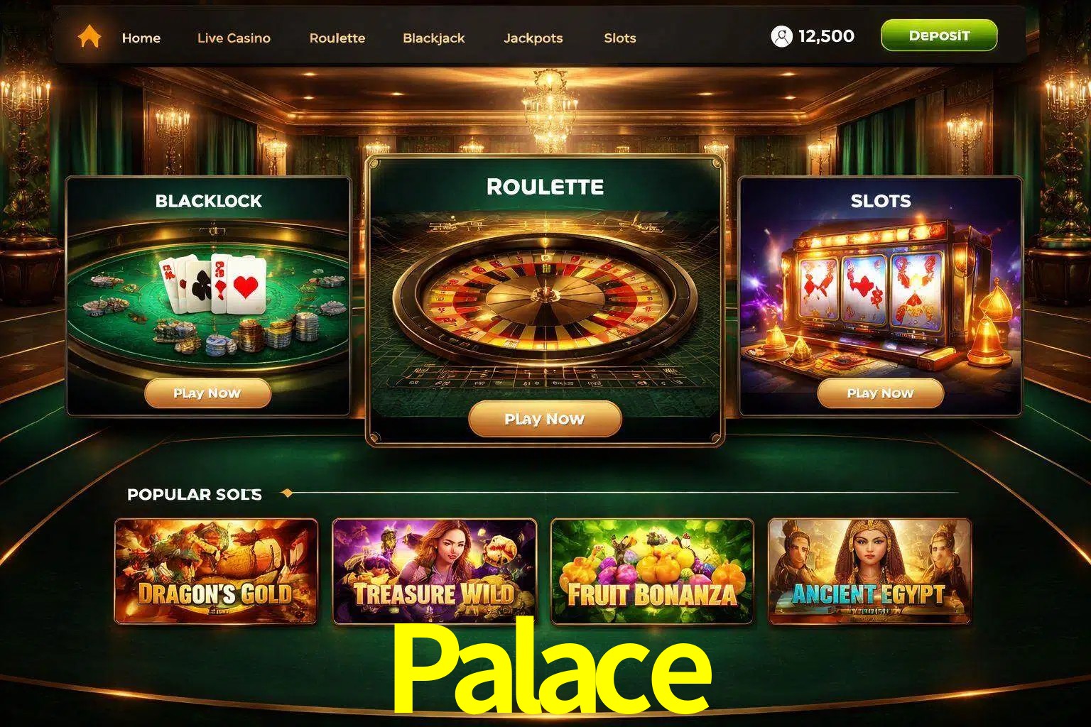 Vista de la plataforma Palace Casino mostrando categorías organizadas de juegos en línea
