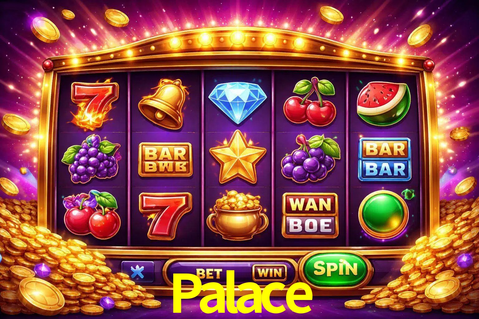 Una interfaz colorida de tragamonedas en línea con símbolos brillantes, monedas y un efecto de victoria celebratoria en Palace.