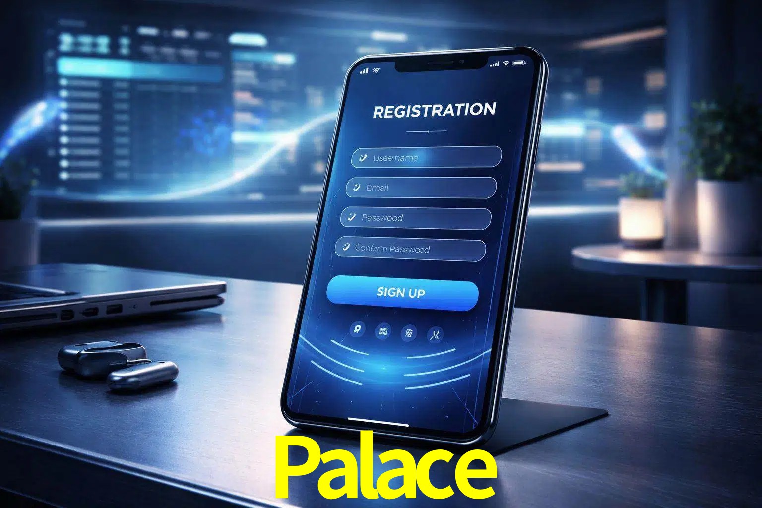 Una interfaz moderna de registro móvil para Palace mostrada en un smartphone con un panel de apuestas elegante.